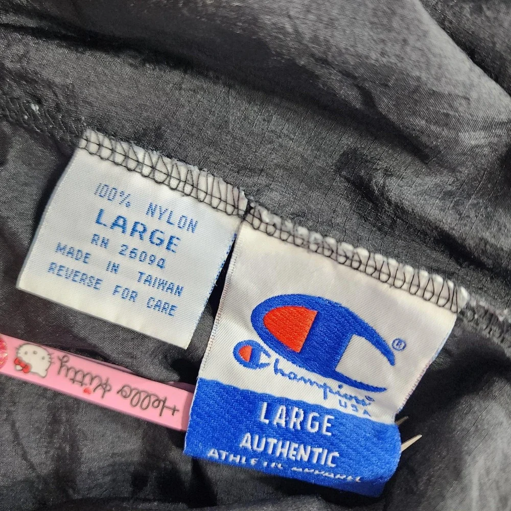 Vintage Champion Pants Mens L Black Nylon Track Jogger Zip Hem Lightweight